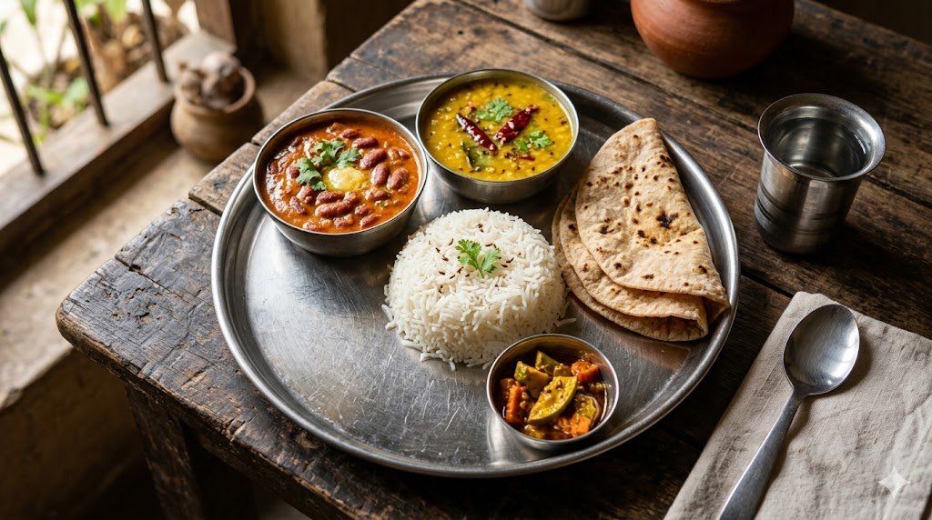 Katra vegetarian food - rajma chawal thali served at a dhaba near Vaishno Devi