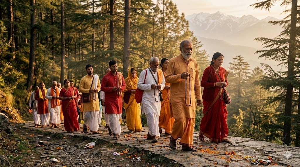 Pilgrims reciting Vaishno Devi mantras with japa malas on Trikuta hills yatra route to Mata cave