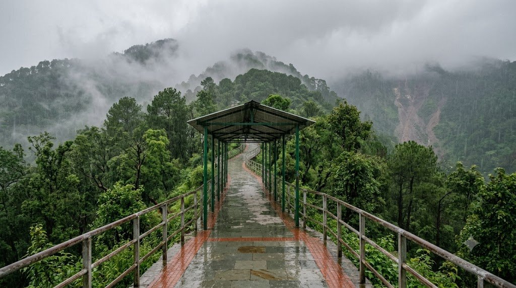 Vaishno Devi monsoon yatra track winding through misty, rain-soaked Trikuta Hills near Katra