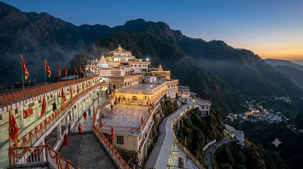 Vaishno Devi Navratri 2026 — flower-decorated Bhawan complex lit up on the Trikuta hills at dusk