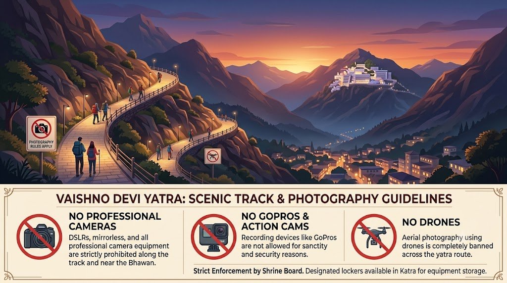 Vaishno Devi photography rules - pilgrim track on Trikuta Hills from Katra to Bhawan at dusk