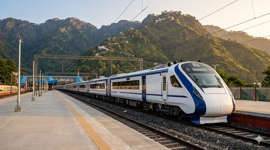 Vaishno Devi train booking guide showing a Vande Bharat Express at Katra SVDK railway station