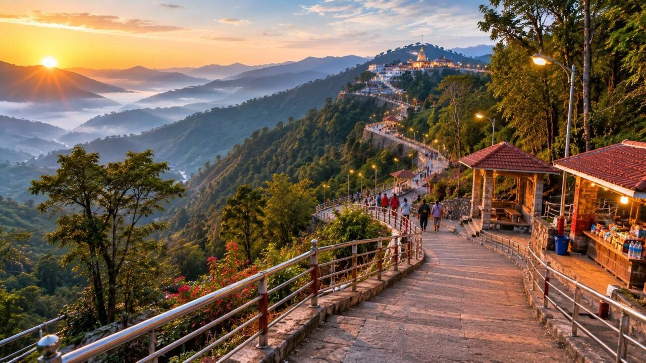 Vaishno Devi yatra tips - dawn view of pilgrims on the railed Trikuta hills track toward the Bhawan