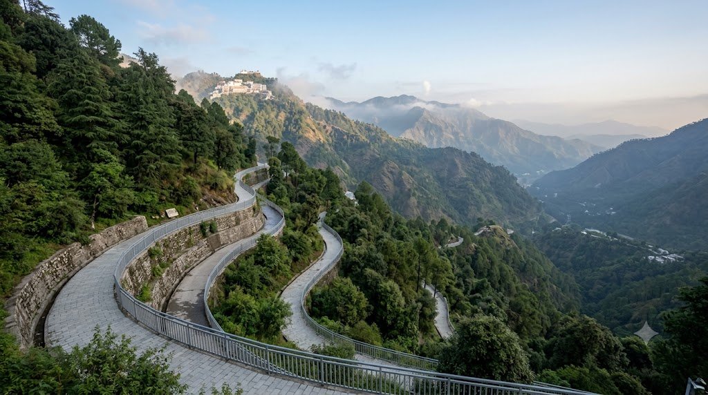 Vaishno Devi for senior citizens — Trikuta Hills yatra track leading to Bhawan near Katra