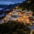 Bhawan area surrounded by Trikuta mountains and fog at night