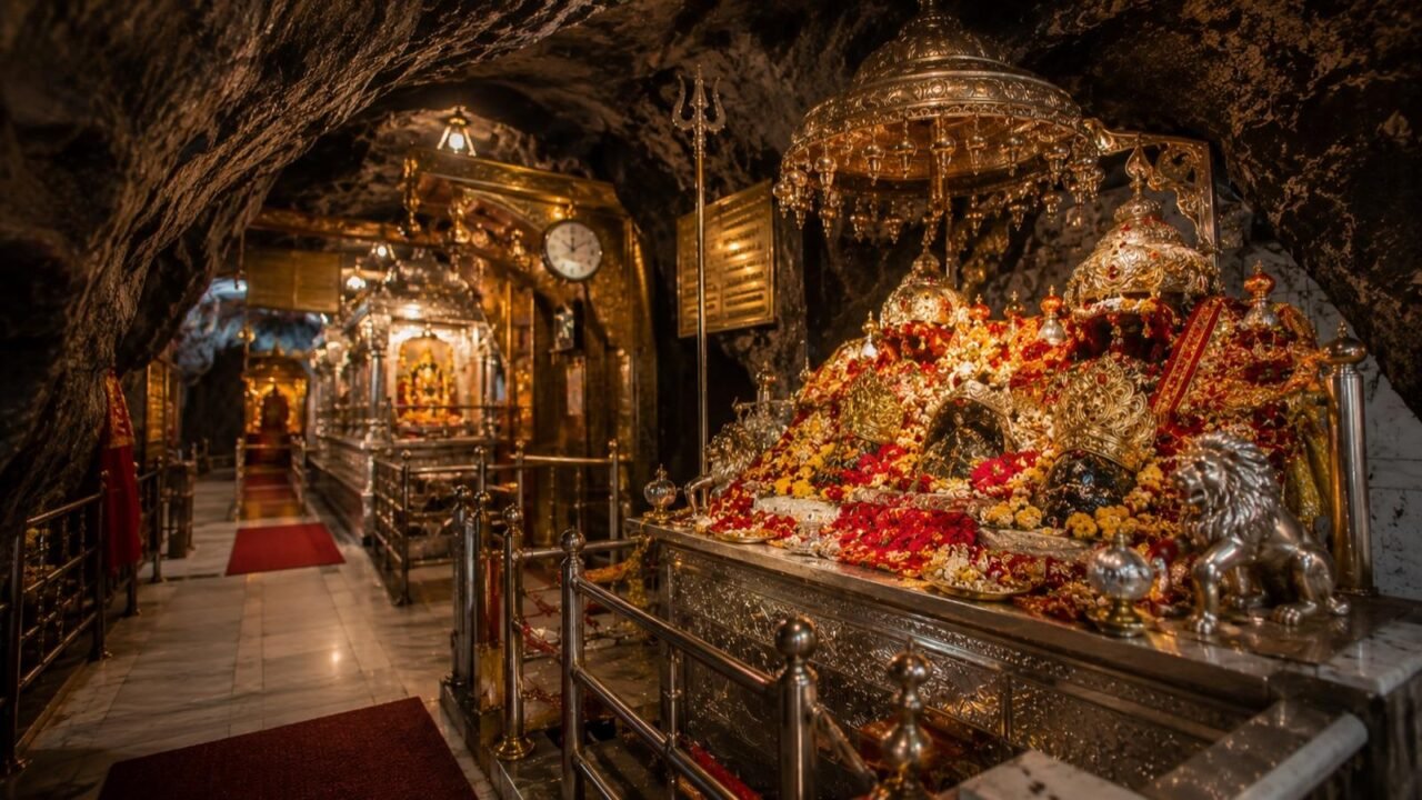 Maa Vaishno Devi Pindis adorned with garlands during morning darshan