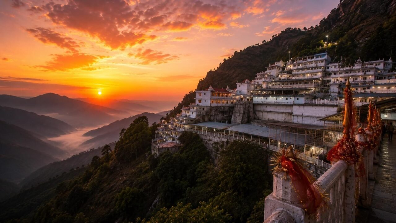 Sunset view of Mata Vaishno Devi Bhawan and the new sanctum complex