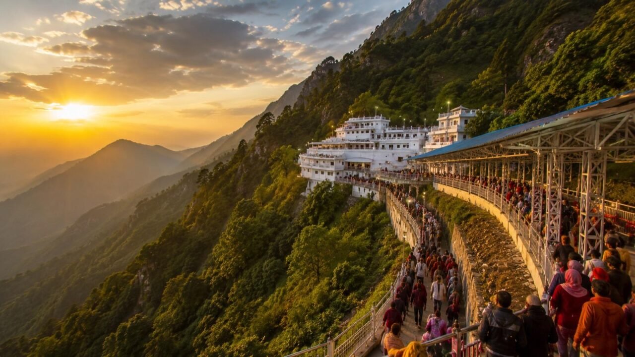Pilgrims walking the Vaishno Devi yatra track towards Bhawan at sunrise