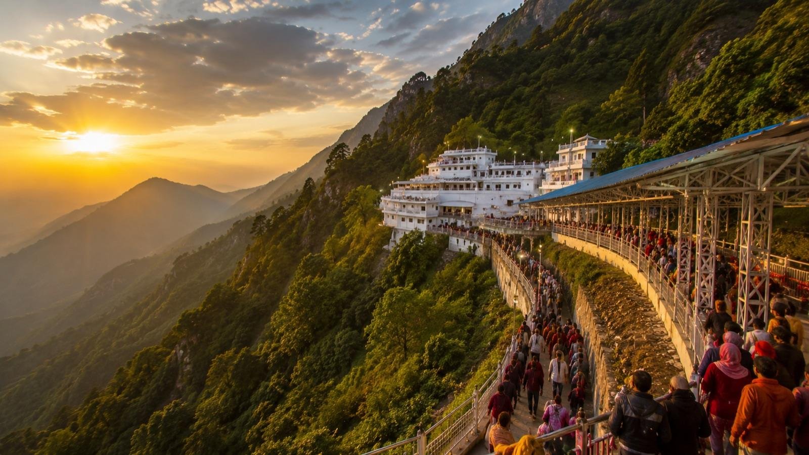 Pilgrims walking the Vaishno Devi yatra track towards Bhawan at sunrise