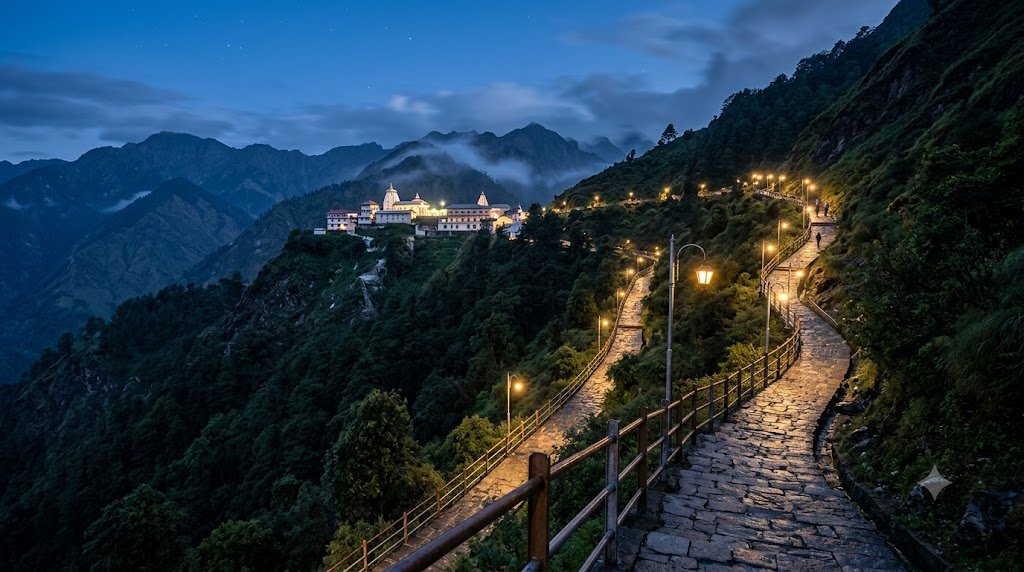 Vaishno Devi 2-day itinerary trek route lit up the Trikuta hills toward Bhawan at dusk