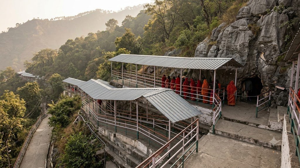 Garbh Joon cave timings — pilgrims waiting in the token batch queue at Ardhkuwari on the Vaishno Devi trek