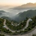 Solo female Vaishno Devi yatra - lit paved track climbing the Trikuta hills at dawn