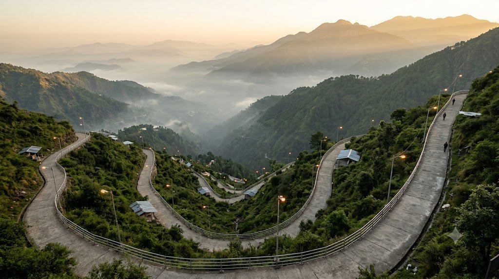 Solo female Vaishno Devi yatra - lit paved track climbing the Trikuta hills at dawn