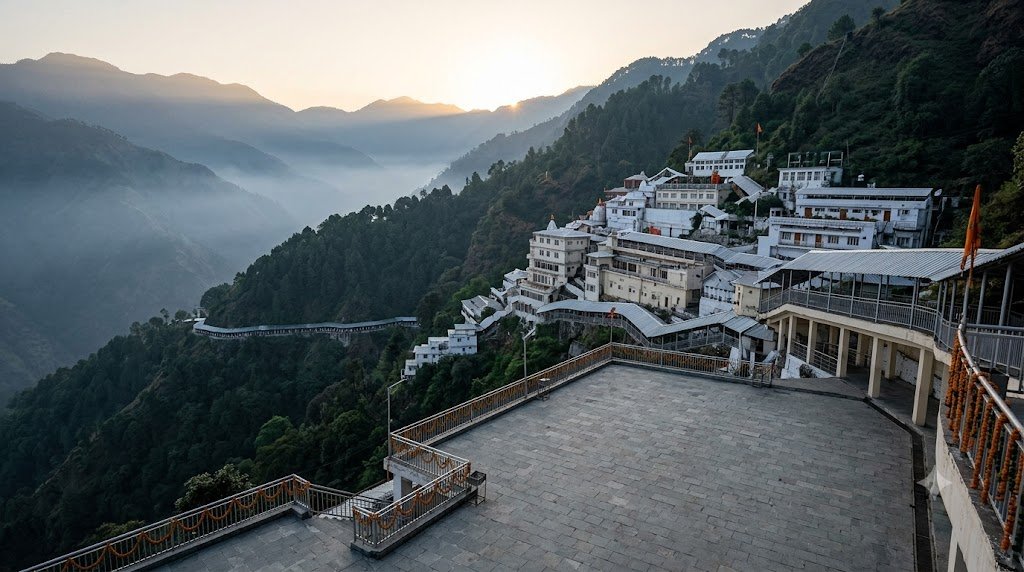 Vaishno Devi Atka Aarti setting at Bhawan complex on Trikuta hills at dawn