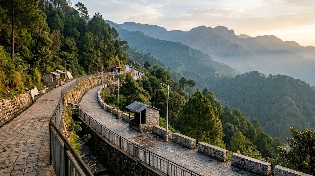 Vaishno Devi Banganga route trek path climbing the Trikuta hills towards the Bhawan