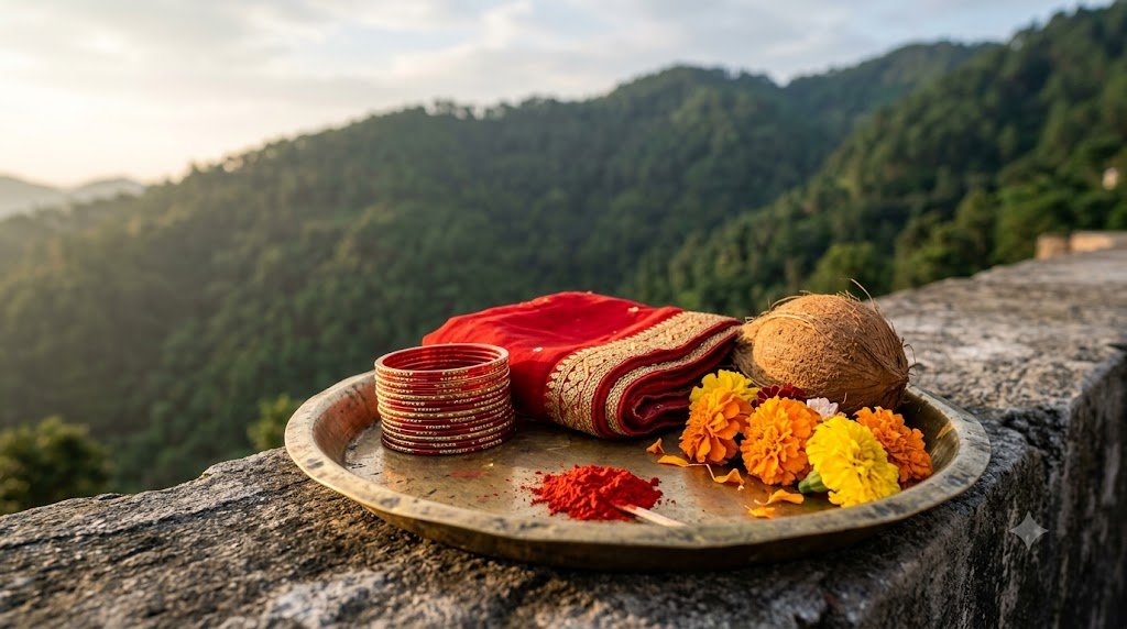 Red bangles and chunri for a Vaishno Devi bangles offering on a brass plate