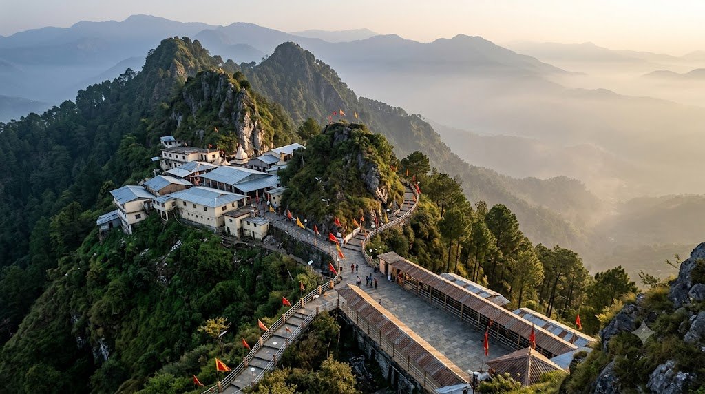 Vaishno Devi cave darshan complex at Bhawan on the Trikuta Hills at dawn