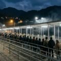 Vaishno Devi crowd timing: pilgrims in the railed darshan queue at Bhawan under night floodlights
