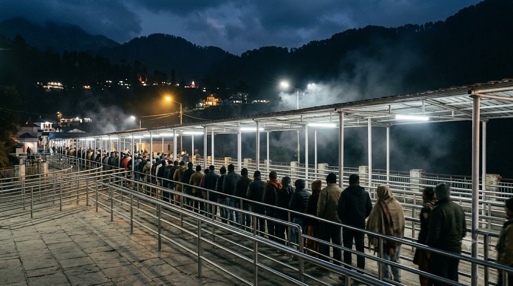 Vaishno Devi crowd timing: pilgrims in the railed darshan queue at Bhawan under night floodlights