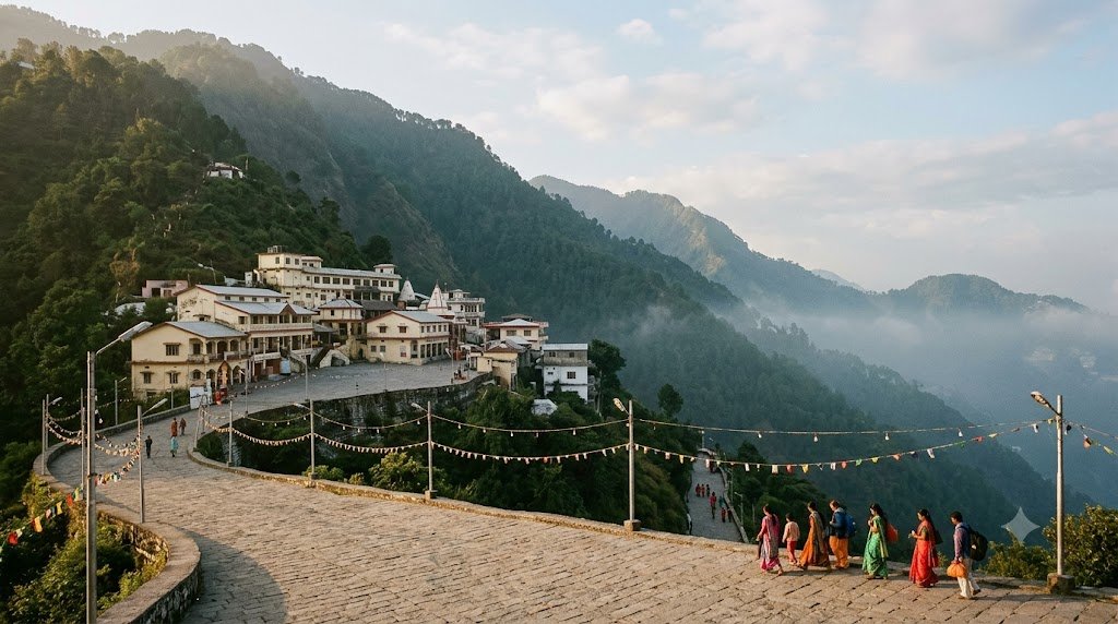Vaishno Devi Pindi darshan: Holy Cave Bhawan on the forested Trikuta hills with pilgrims on the path