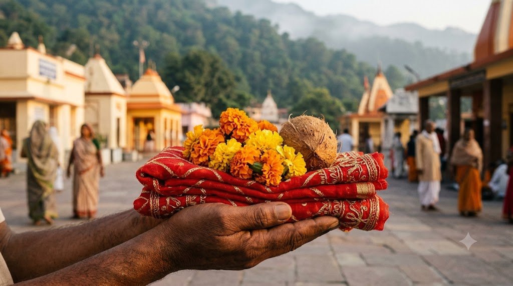 Devotee holding a folded red chunri for a Vaishno Devi saree offering at the Bhawan