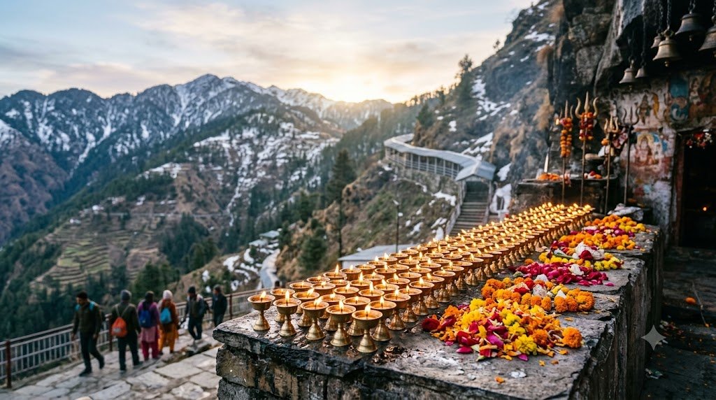 SSVP Pooja Vaishno Devi aarti lamps and flowers at the Holy Cave shrine at dawn