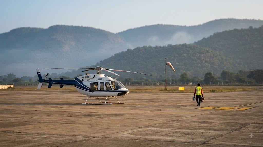 Vaishno Devi helicopter package: light helicopter on an apron with the Trikuta hills behind it before a morning flight