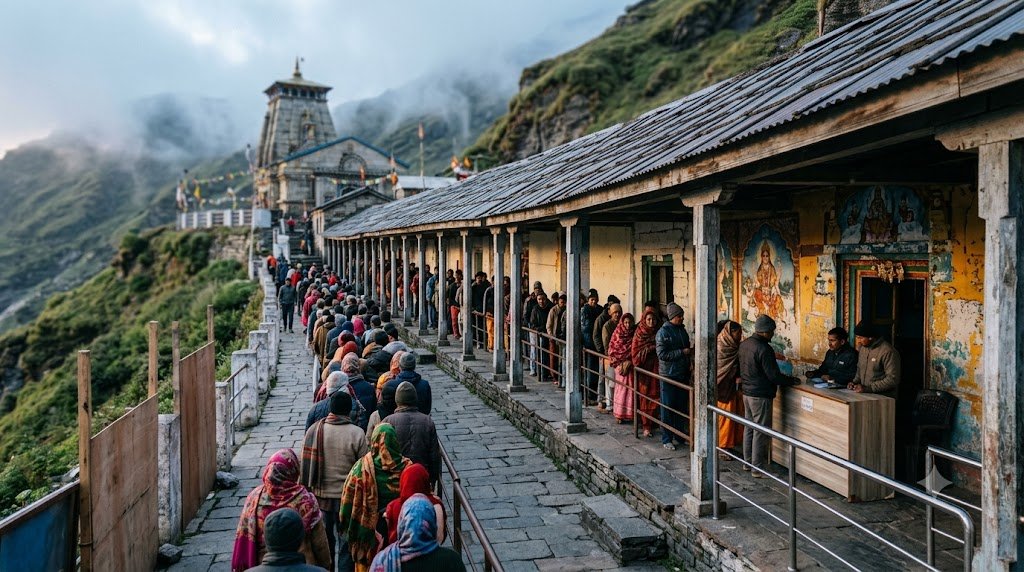 Vaishno Devi VIP Darshan priority queue at Gate 2, pilgrims near the Bhawan token counter in morning light